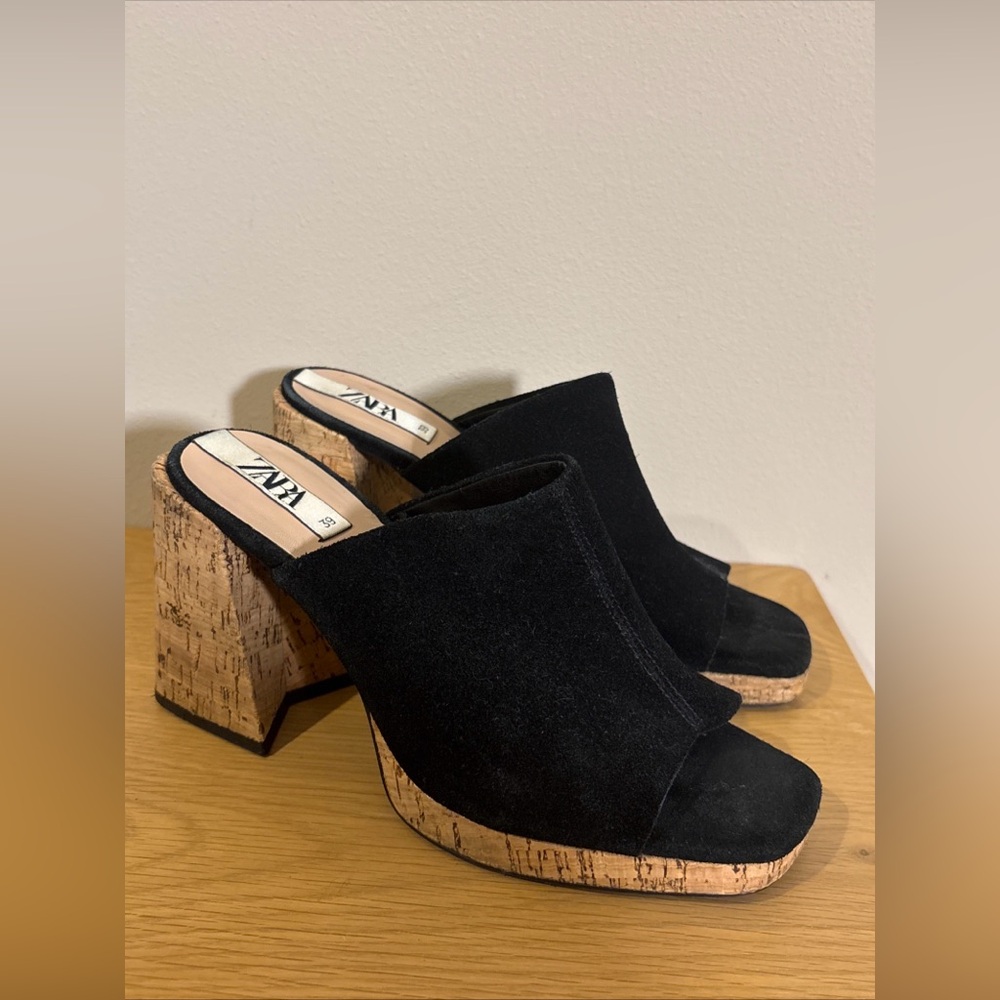 Zara Chunky Heels Mules Cork Sz 39 Black Shoes Sandals